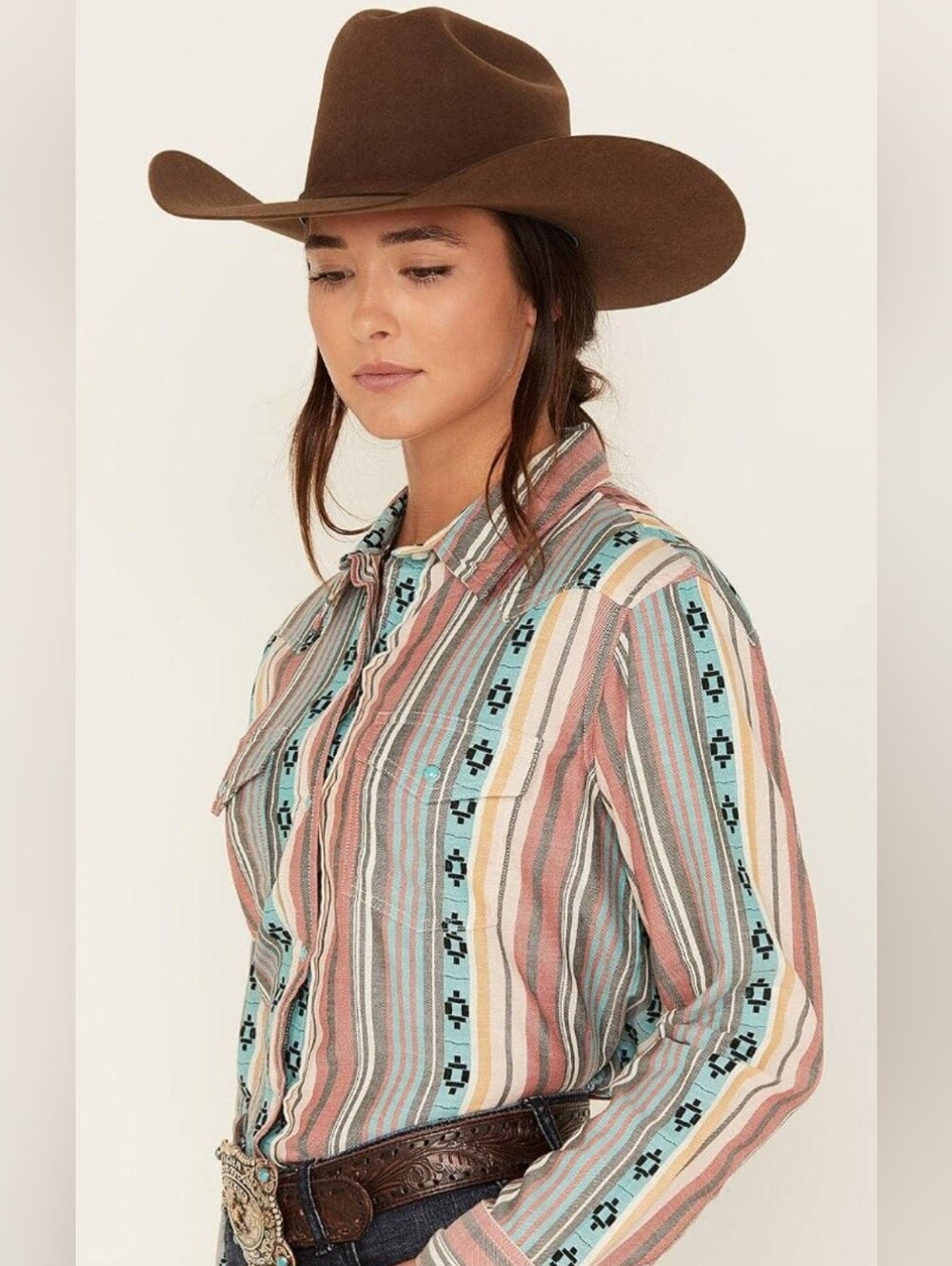Wrangler Retro Long Sleeve Western Aztec Turquoise Snap Button Shirt Top XS
